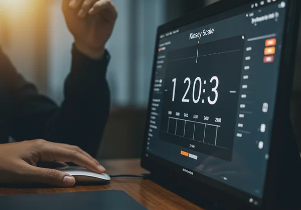 Persona che visualizza un punteggio di Kinsey su uno schermo digitale.