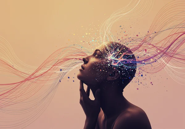 Pessoa refletindo, cercada por um espectro abstrato de identidade