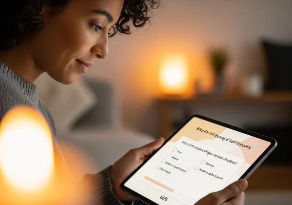Person interacting with an online sexual identity quiz interface