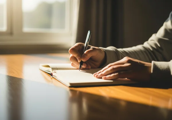 A person sitting by a window, journaling for self-discovery.