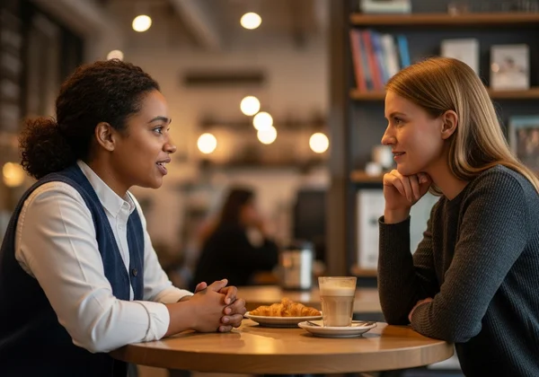 Two friends having a warm, supportive talk over coffee.