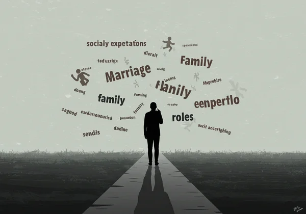 Person navigating paths marked with societal expectations.